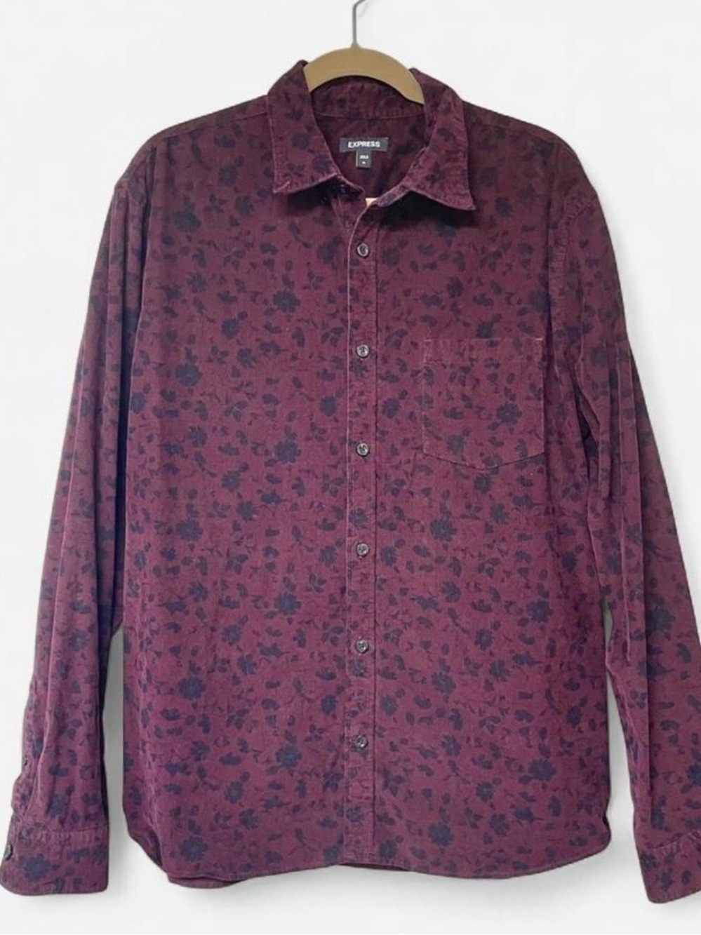 Express corduroy burgundy and navy floral button up dress shirt, Size XL EUC